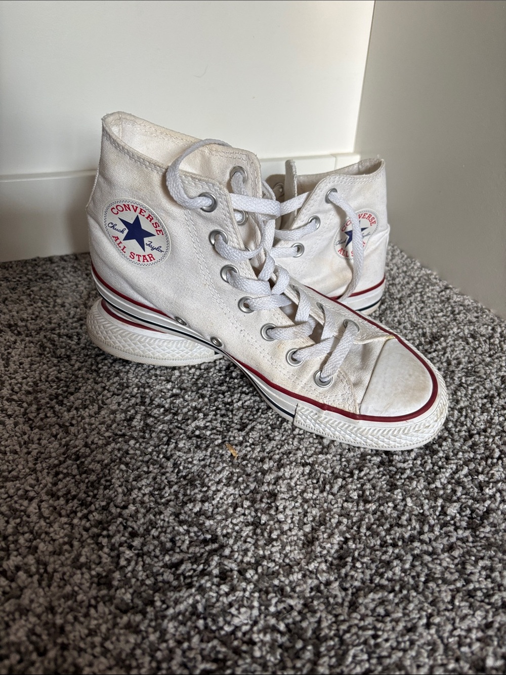 Converse White High Top Sneakers with Red and Navy Accents